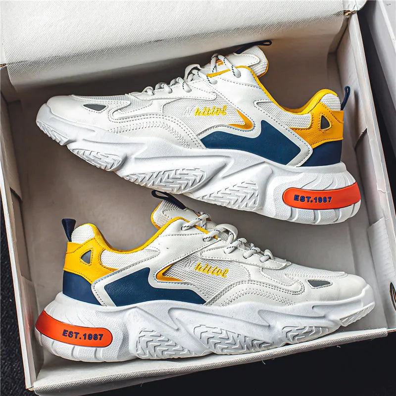 Chunky Shoes Men Spring Mesh Lace-Up Sporty Toe Mixed Colors Breathable Rubber Outsole Silkscreen Logo White Yellow Blue Orange