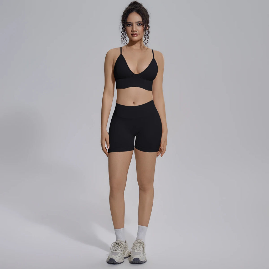 New Summer Sexy Naked Feeling Yoga Shorts Set Women 2 Piece Sport Bra Biker Shorts Workout Gym Activewear