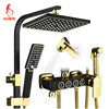 HUBEN Black Gold Button Stainless Steel Ceramic Thermostatic Metered Faucets Single Handle Rainfall Chrome Pressurized Shower