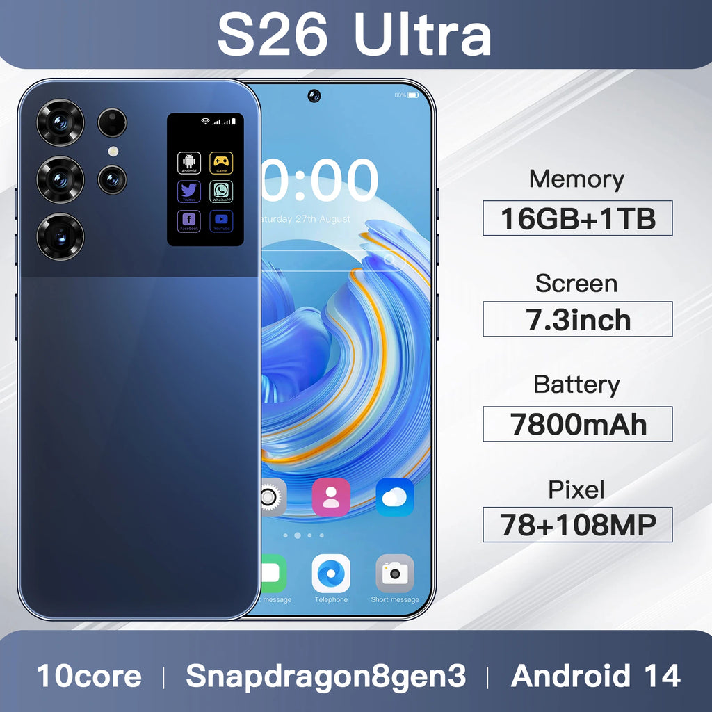 Hot Selling New S26 Ultra Mobile Phones 7.3-inch Android Smartphone Telephone Portable