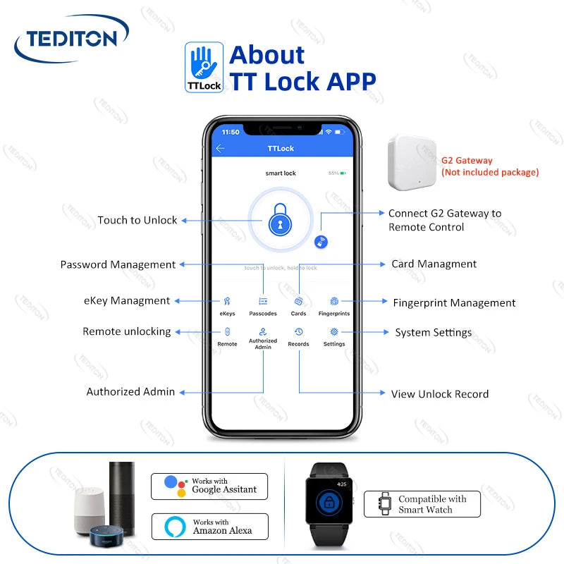 Tediton Smart Lock TTLock New Design Serrure Intelligent Deadbolt Fingerprint Door Lock