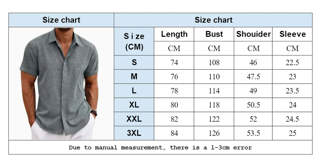 Men's Linen/Cotton Short-Sleeve Loose-Fit Solid Color Beach-Style Plus-Size Shirt Turn-down Collar Beaded Machine Washable