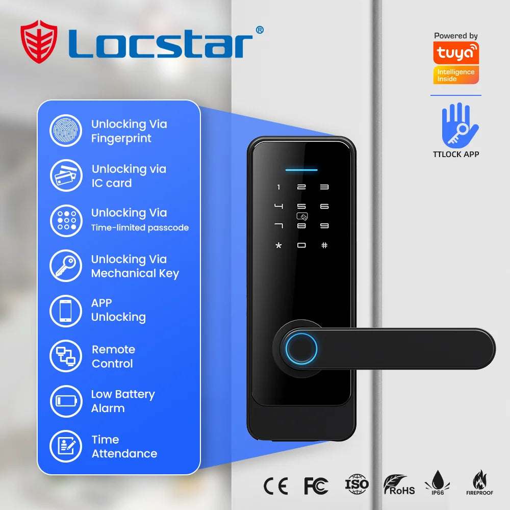 Locstar Cerradura Inteligente Tuya TTlock App Digital Fingerprint Password Card Keyless Entry Smart Home Door Lock for Bedroom