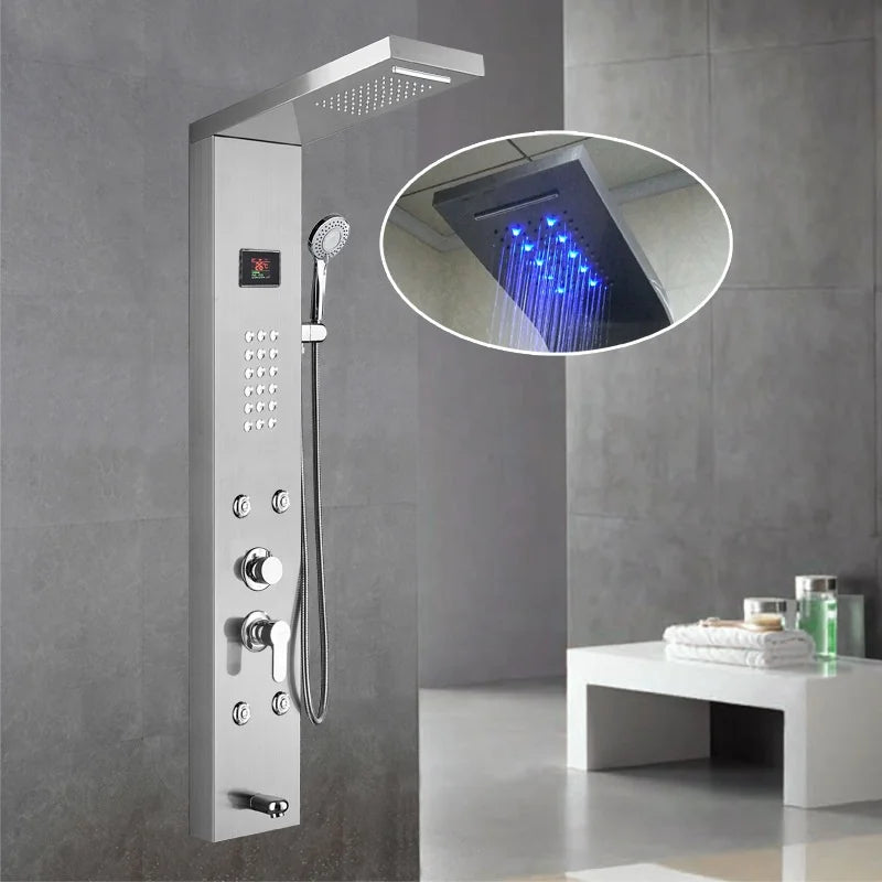 Luxury Hot Sale  Brushed Color Thermostatic Led Rain Shower Head Bathroom Stainless Steel Wall Mounted Waterfall Shower Panels