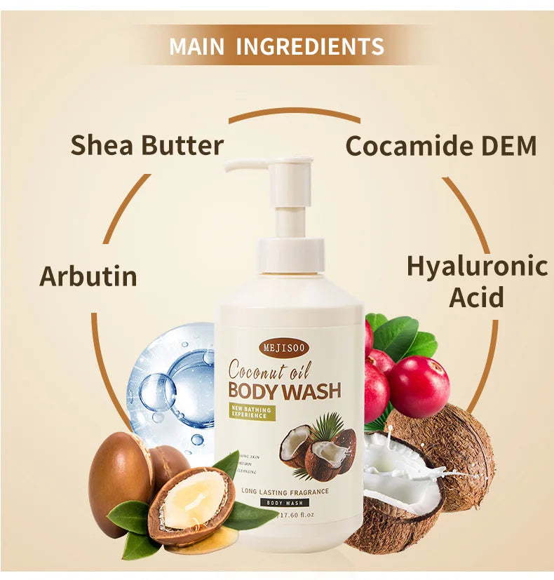 Best Selling SADOER 100% Natural Coconut Oil Body Wash Women Body Butter Cream Moisturizing Nourishing Whitening Shower Gel