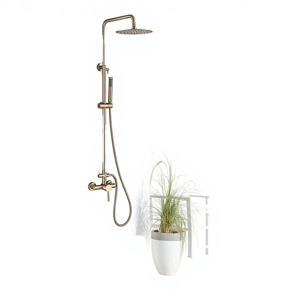 Wall Mounted Outdoor Shower Set Mixer System Brushed Gold Brass Dual Handle 10-Inch Rainfall Shower with Slide Bar for Pool