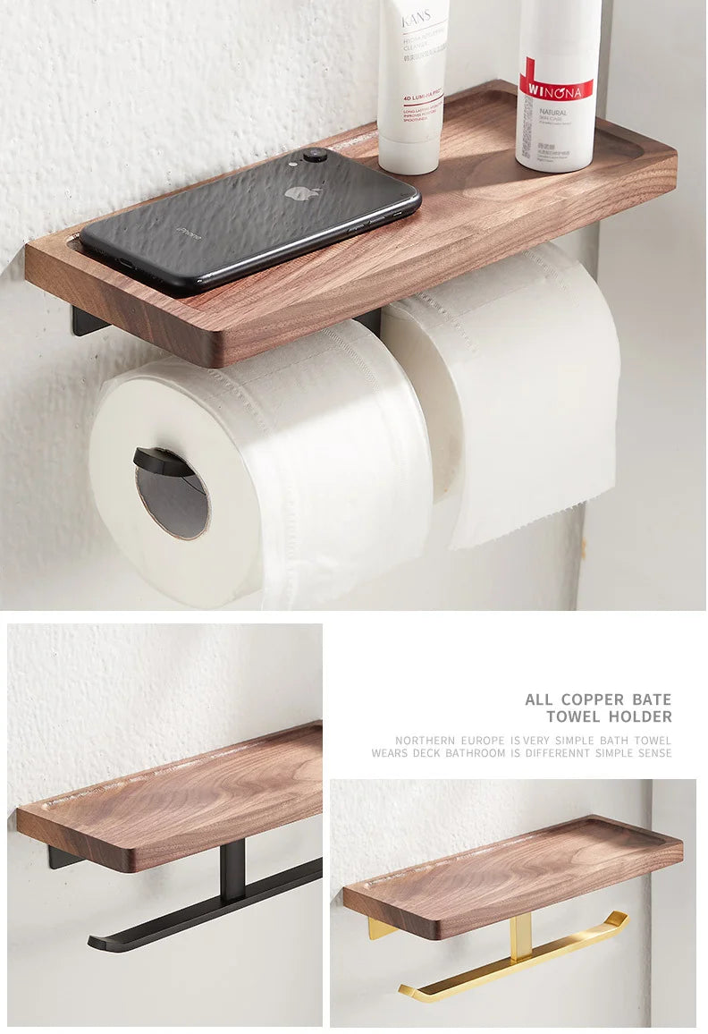 Paper Towel Rack Black Walnut Toilet Roll Rack Creative Solid Wood Paper Towel Hook Bathroom Rack
