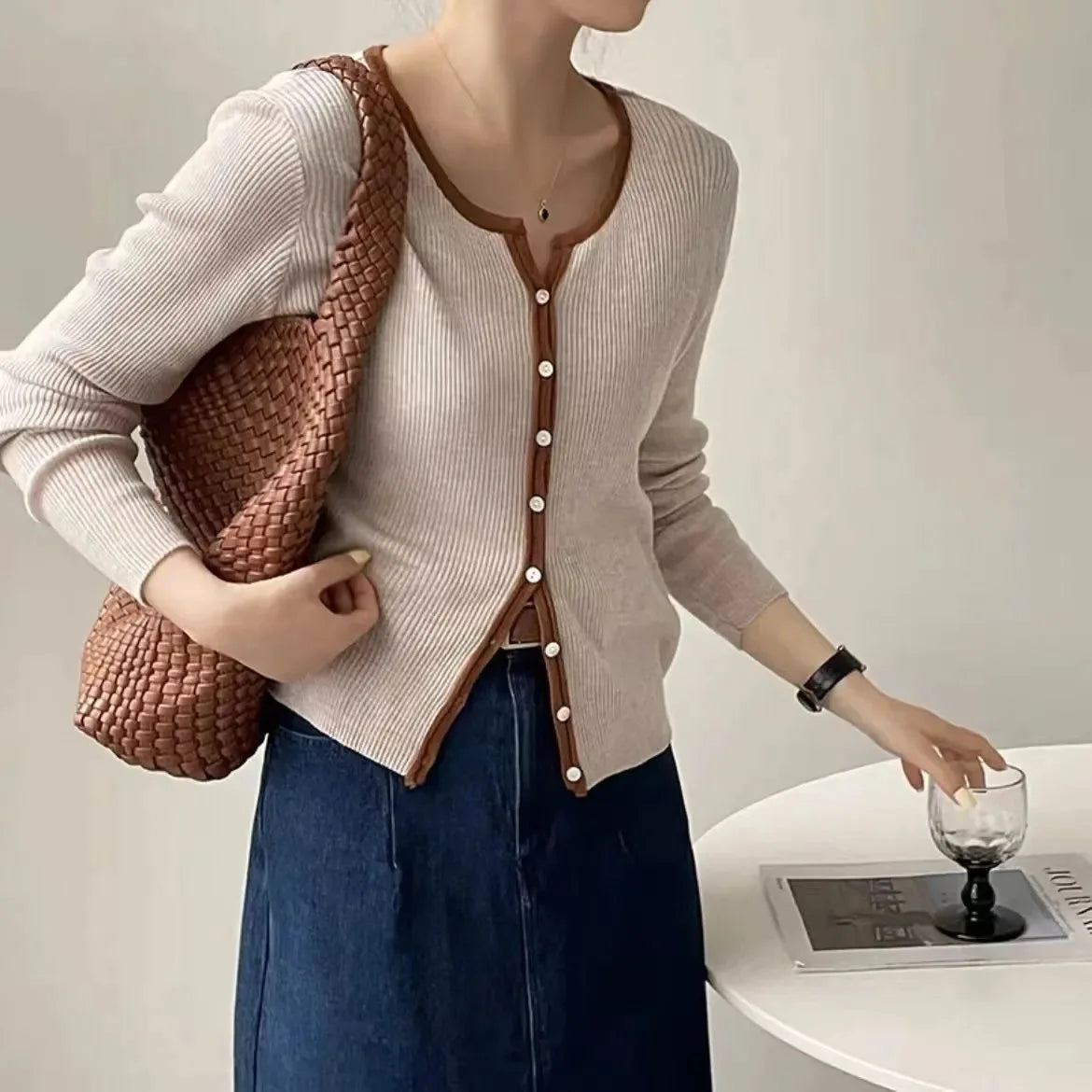 Fashionable Spring Women Long Sleeve Sweater Cardigan Letter Solid Color Blocking Sweater Cardigan
