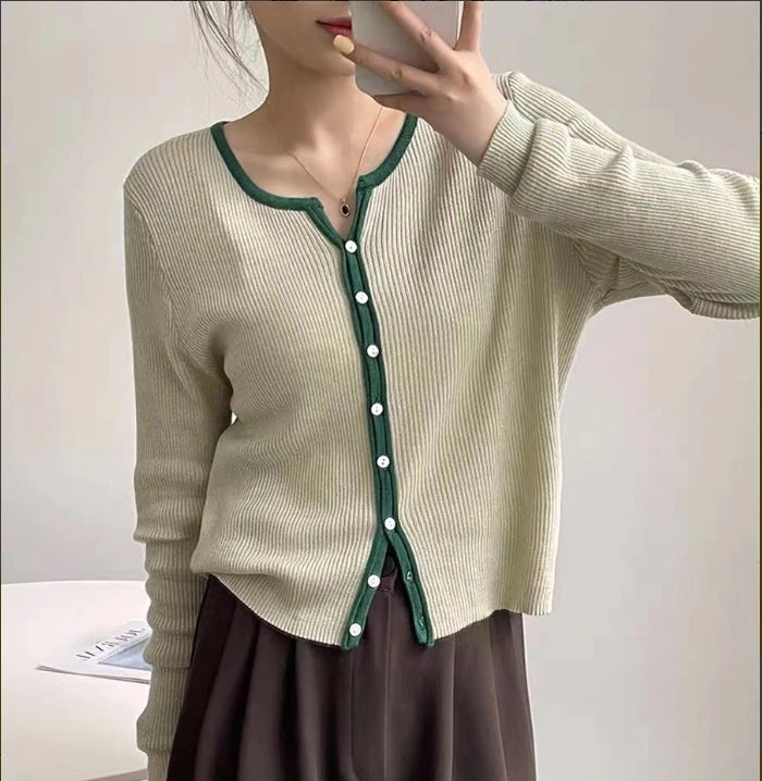 Fashionable Spring Women Long Sleeve Sweater Cardigan Letter Solid Color Blocking Sweater Cardigan