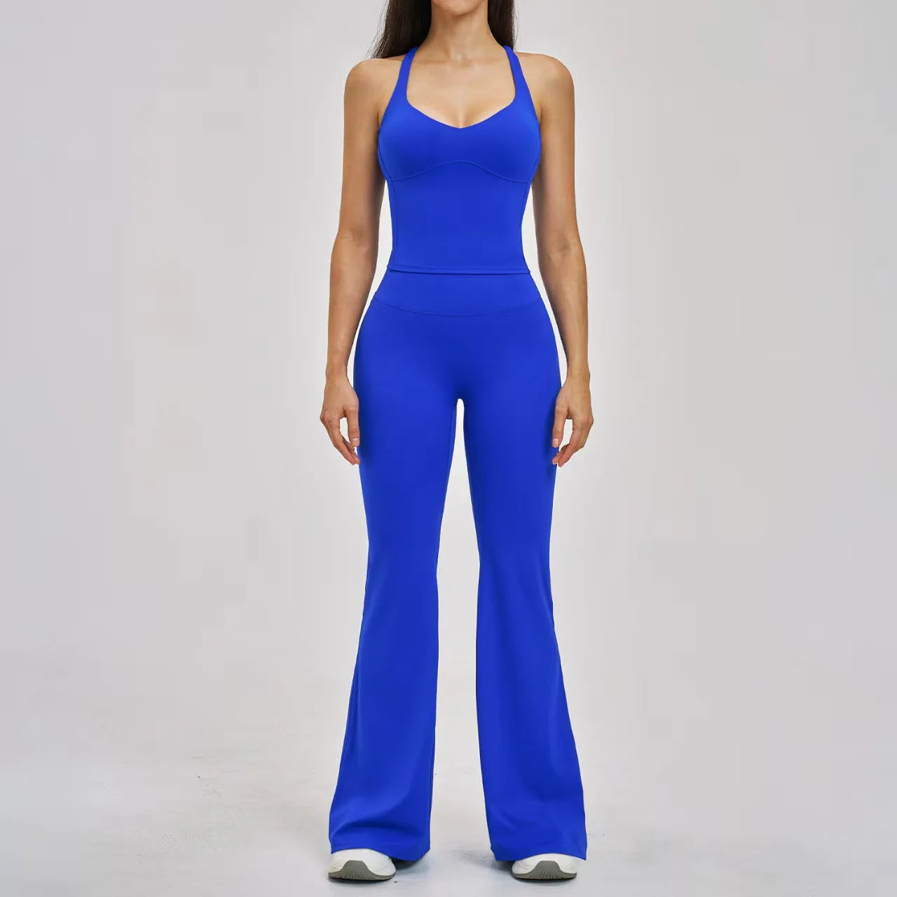 Four Way Stretch 2-Piece Yoga Set V Neck Yoga Tank Top Crisscross Back Slim Fit High Waist Flared Yoga Pants Gym Running Outfit