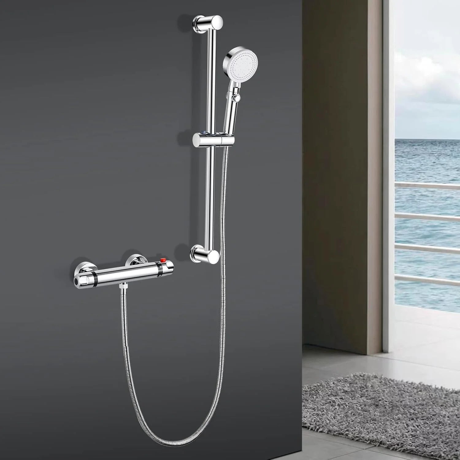 Brass Chrome Thermostat Mixer Valve Cold Hot Water Shower Faucet Rain Soft Jet Slide Bar Modern Design Hotel Apartment Washrooms