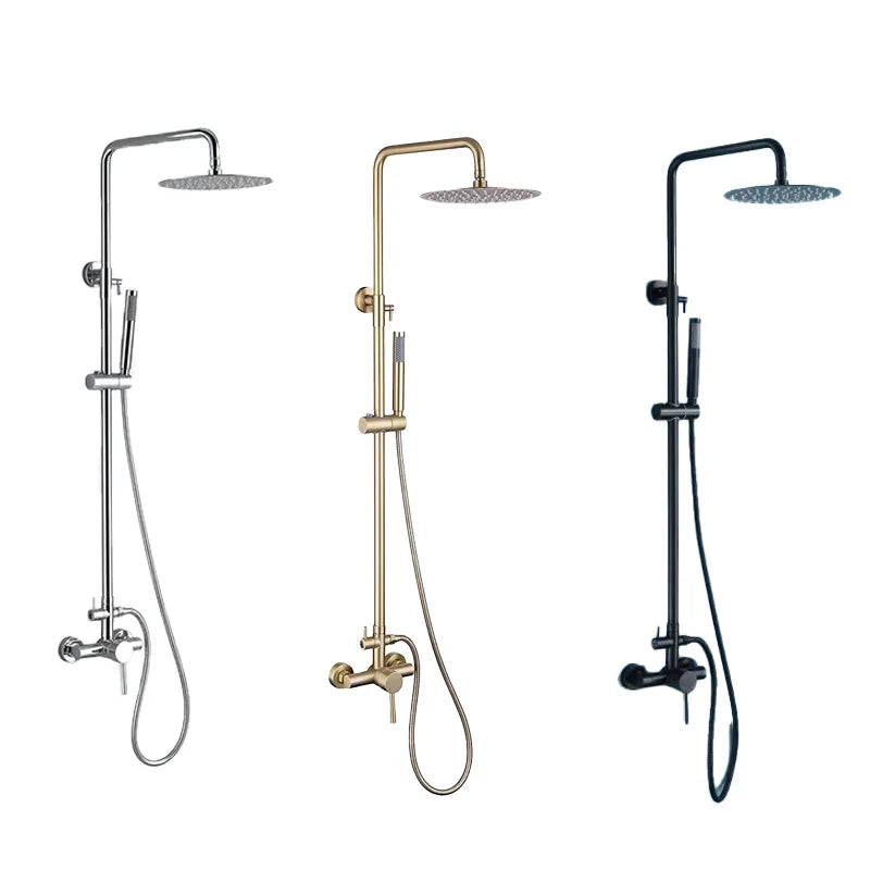 Wall Mounted Outdoor Shower Set Mixer System Brushed Gold Brass Dual Handle 10 Inches Rainfall Shower for Pool