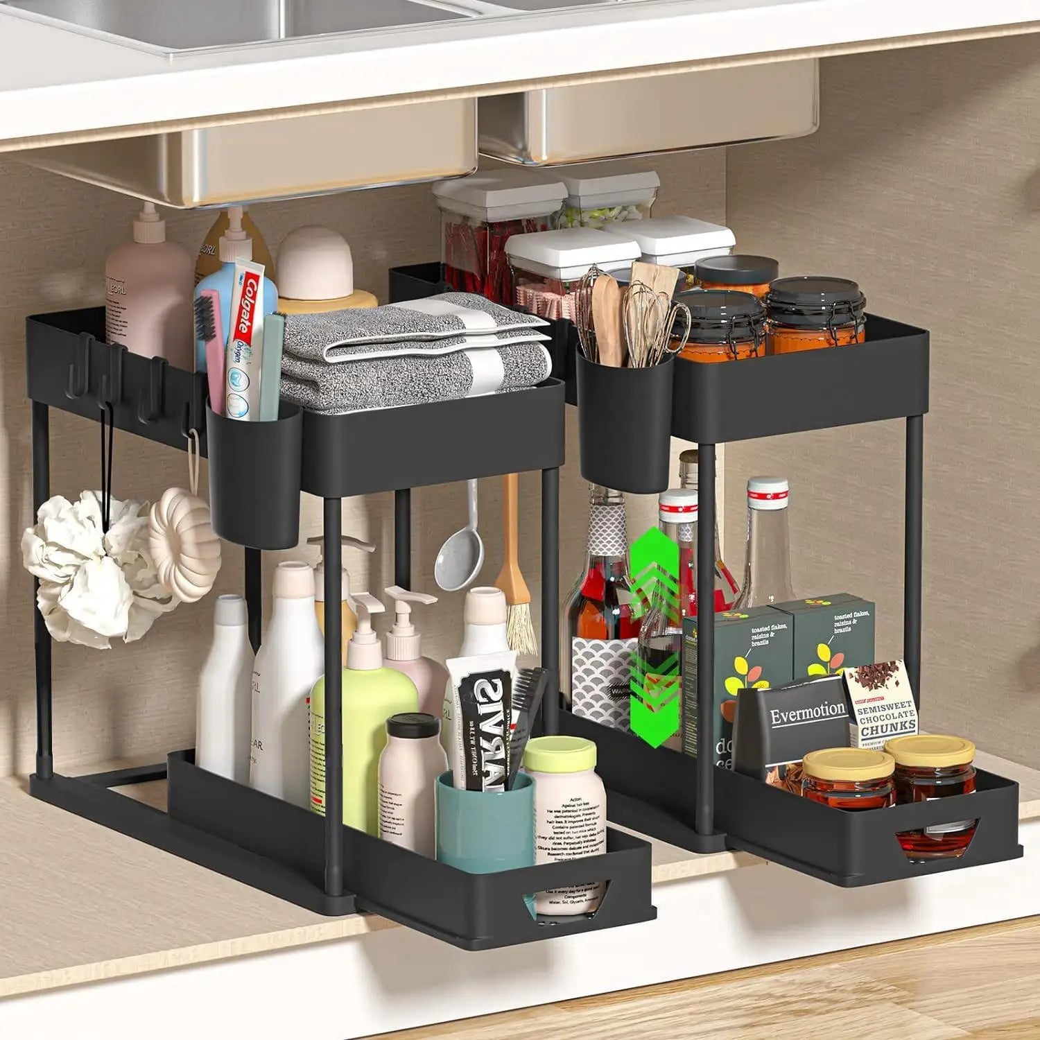 Sliding Drawer Dish Drying Rack Expandable Adjustable Utensil Organizer with Drain Tray for Kitchen Sink