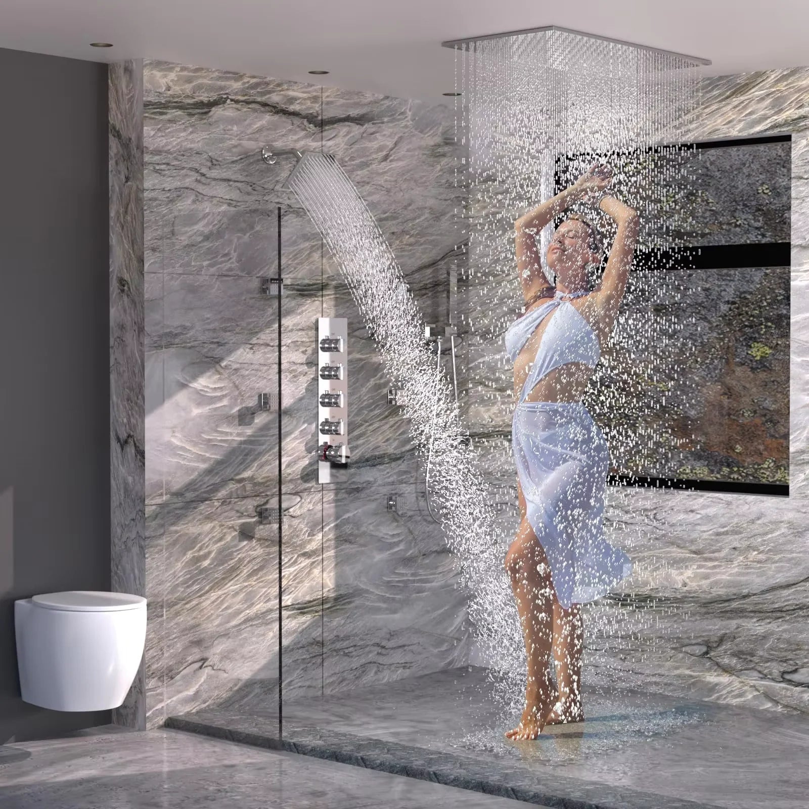 Chrome Brass Modern Style Apartment Bathroom Shower System 6-Piece Handheld Body Jets Dual Shower Heads Soft Rain Spray Massage
