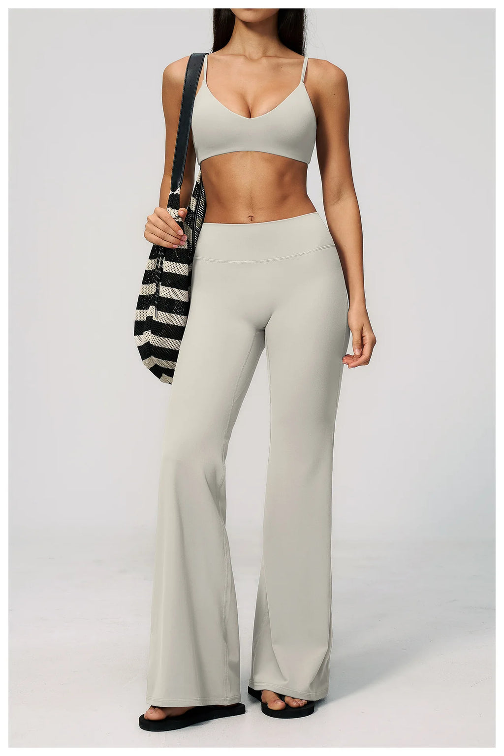 Textured Spandex/Nylon Workout Clothes Soft Sportswear Set Deep V-Neck High-Waisted Tummy-Control Solid Sweat-Wicking Two-Piece