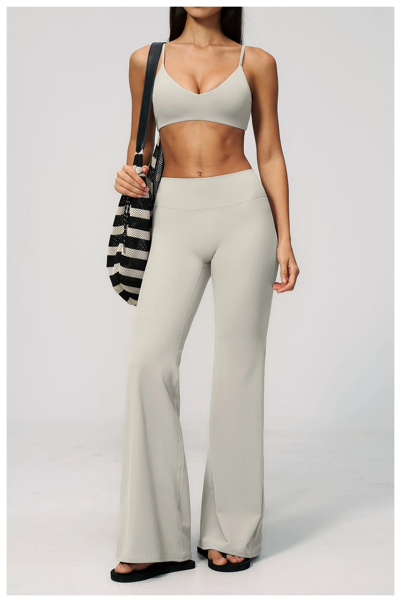 Textured Spandex/Nylon Workout Clothes Soft Sportswear Set Deep V-Neck High-Waisted Tummy-Control Solid Sweat-Wicking Two-Piece