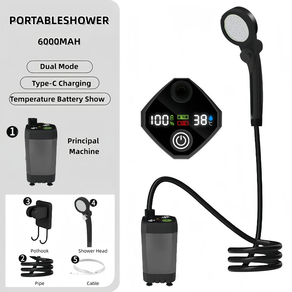 New Design USB Rechargeable 6000mAh Outdoor Hand Portable Pressurized Outdoor Camping Electric Shower for Beach
