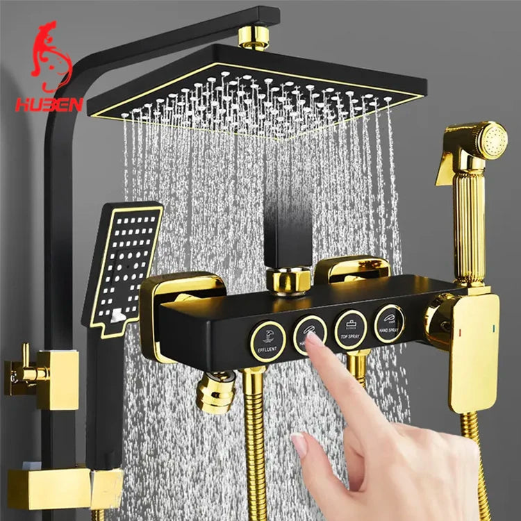 HUBEN Black Gold Button Stainless Steel Ceramic Thermostatic Metered Faucets Single Handle Rainfall Chrome Pressurized Shower