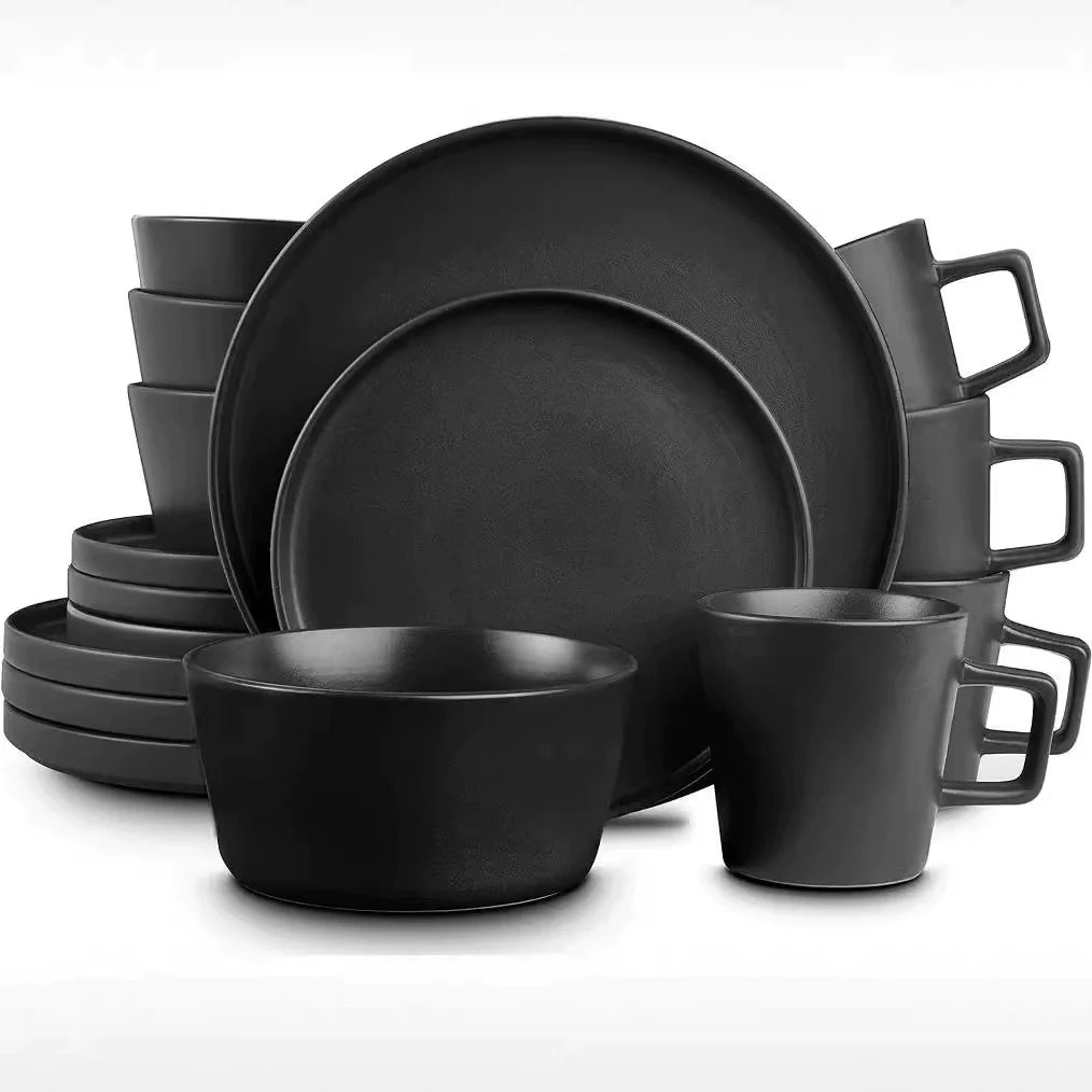 Black 16-piece and 4-piece Tableware Set for Four People Ceramic Plates for Wedding Parties