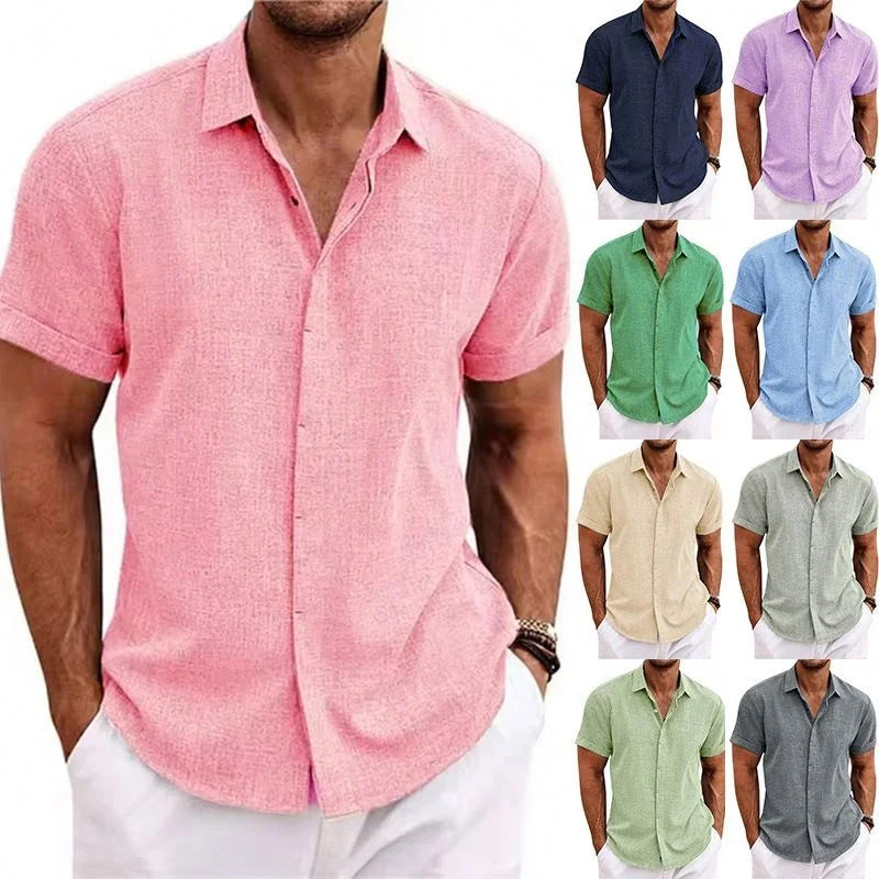 Men's Linen Short-Sleeved T-shirt Loose Undershirt Solid Color Cotton and Linen Shirt Men's Beach Plus Size Men's Shirt