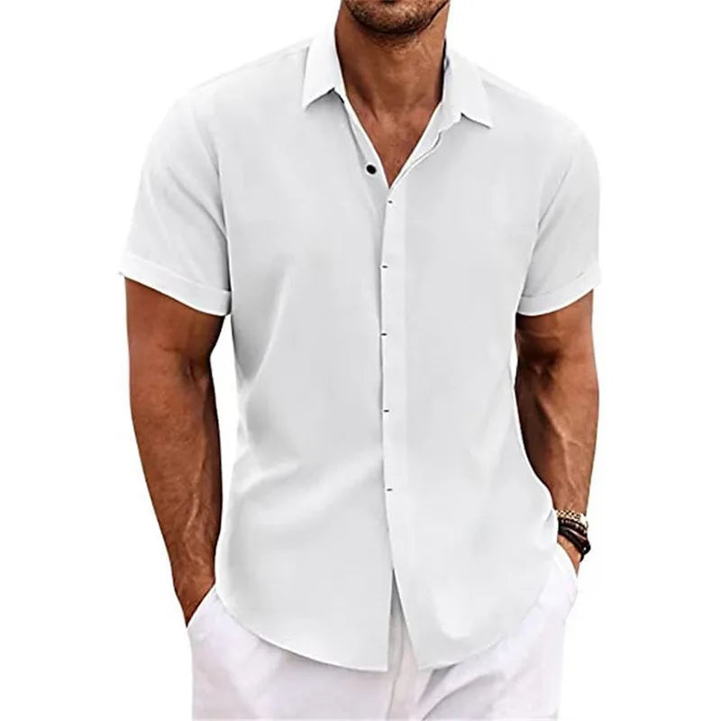 Men's Linen/Cotton Short-Sleeve Loose-Fit Solid Color Beach-Style Plus-Size Shirt Turn-down Collar Beaded Machine Washable