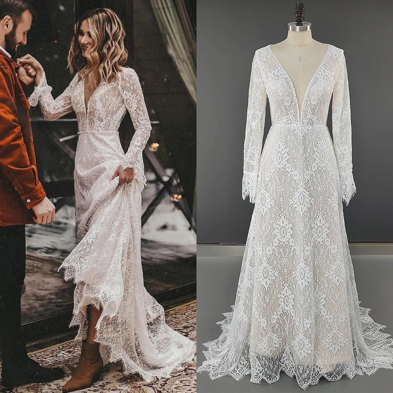 8756 # Real Photos Custom Sweep Train Appliques Lace V-neck Wedding Dress Bridal Gown Engagement Party Evening Dresses