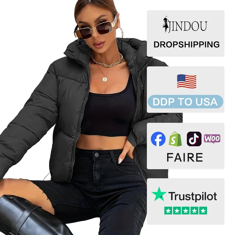 New 2026 Women's Winter Thick Short Casual Jacket with Stand-Up Collar and Zipper Solid-Color Winter Warm Bubble Crop Jacket