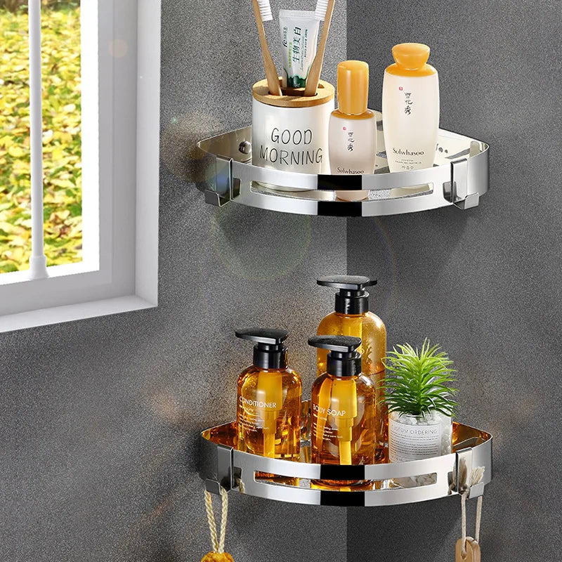Modern SUS304 Stainless Steel Bathroom Corner Shower Shelf with Hooks, Wall Mounted Self-Adhesive Organizer Rack