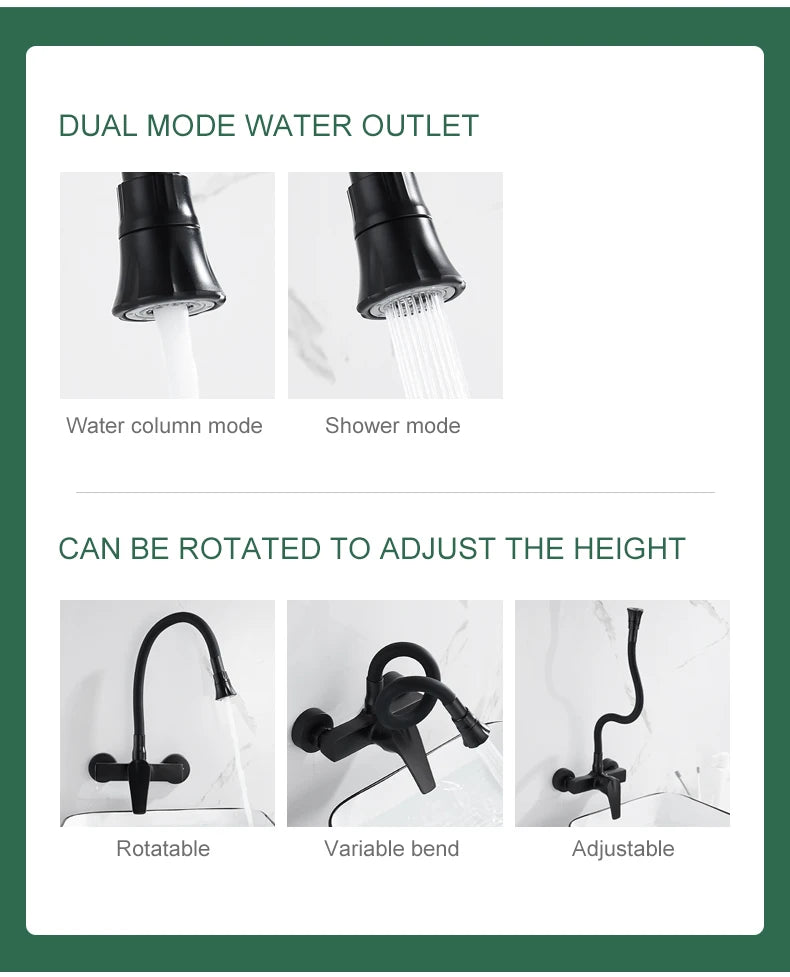 ELLEN Wall Mount Kitchen Sink Faucet Hot Cold Sink Water Mixer Tap 2 Holes Black Faucets 360 Degree Swivel ELK5400