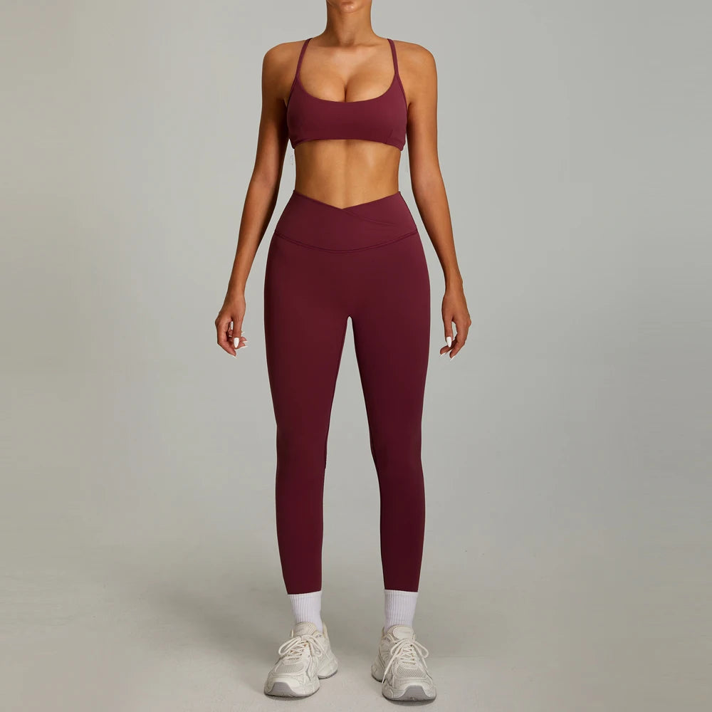 High Quality 2 Piece Cross V-shaped Waist Leggings Women Activewear Fitness & Yoga Wear Sports Bra Gym Fitness Sets