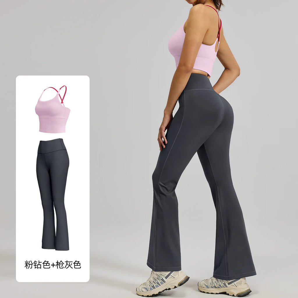Women's High-Waist Hip-Lifting V-neck Sleeveless Two-Piece Fitness Suit Breathable Slimming Yoga Suit Four-Way Stretch Solid