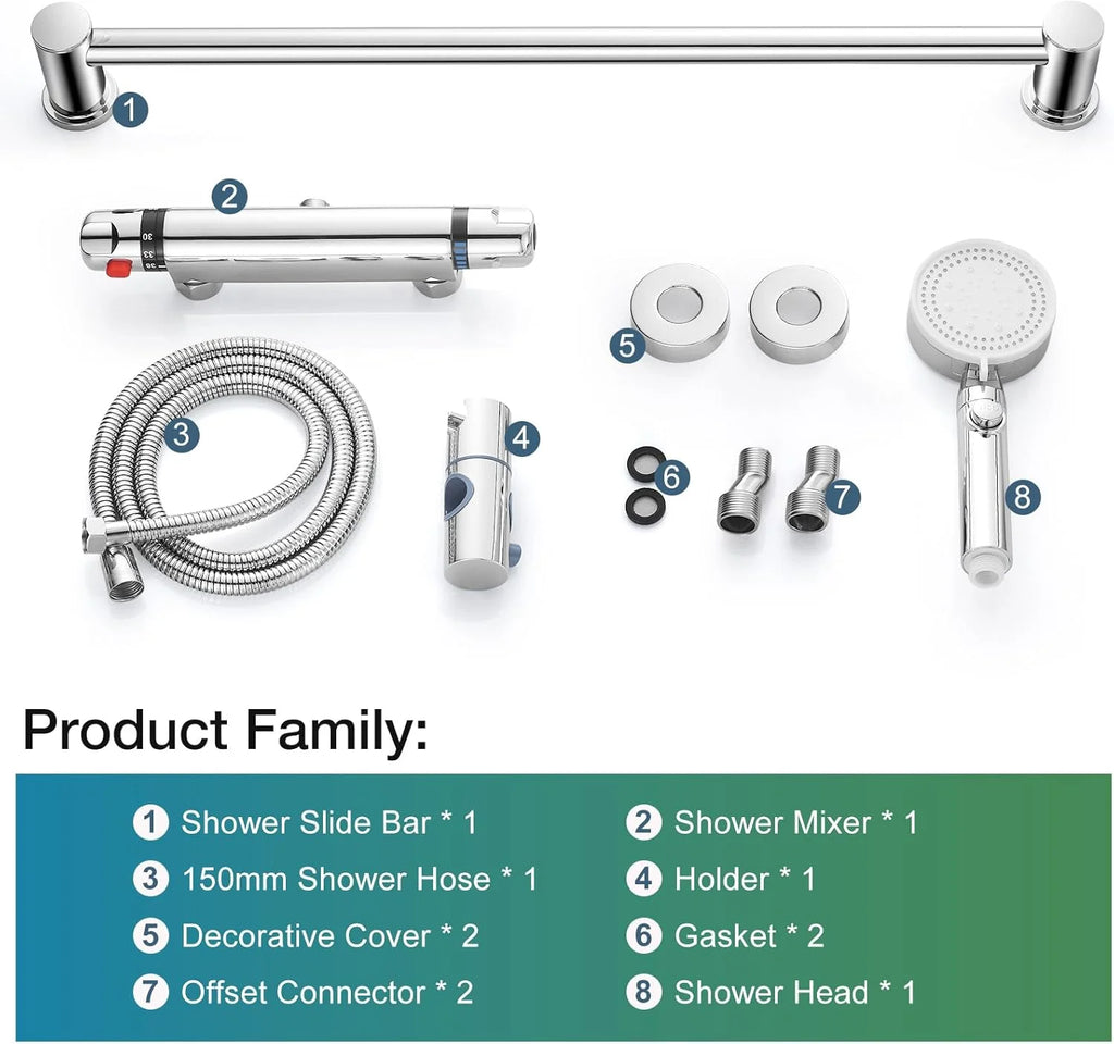 Brass Chrome Thermostat Mixer Valve Cold Hot Water Shower Faucet Rain Soft Jet Slide Bar Modern Design Hotel Apartment Washrooms