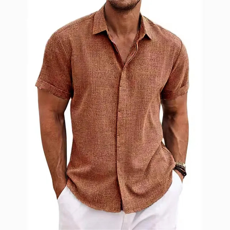 Men's Linen/Cotton Short-Sleeve Loose-Fit Solid Color Beach-Style Plus-Size Shirt Turn-down Collar Beaded Machine Washable