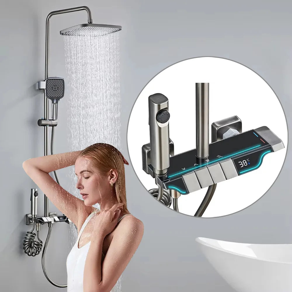 Modern Bathroom Products Shower Smart LED Thermostatic Display Black Grey Luxury Indoor Shower Mixer Set Modern Bathroom Showers