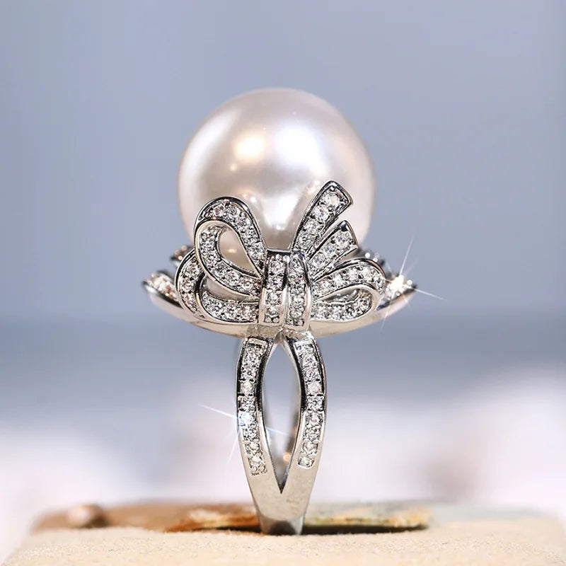 T0568 Women's Cocktail Ring Freshwater Pearl Bowknot Pave Setting Round Brilliant Cut Wedding Fashion Jewelry