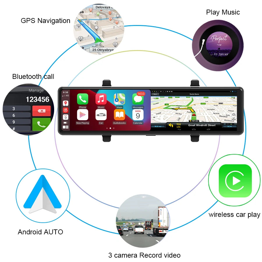 12" Car Play Android Auto Car Black Box Wifi Wireless Carplay Dash Cam 3 Lens Camera Front 2K+rear 1080P Car Video Recorde