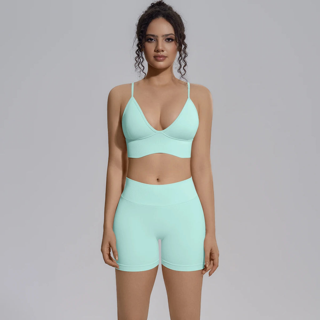 New Summer Sexy Naked Feeling Yoga Shorts Set Women 2 Piece Sport Bra Biker Shorts Workout Gym Activewear
