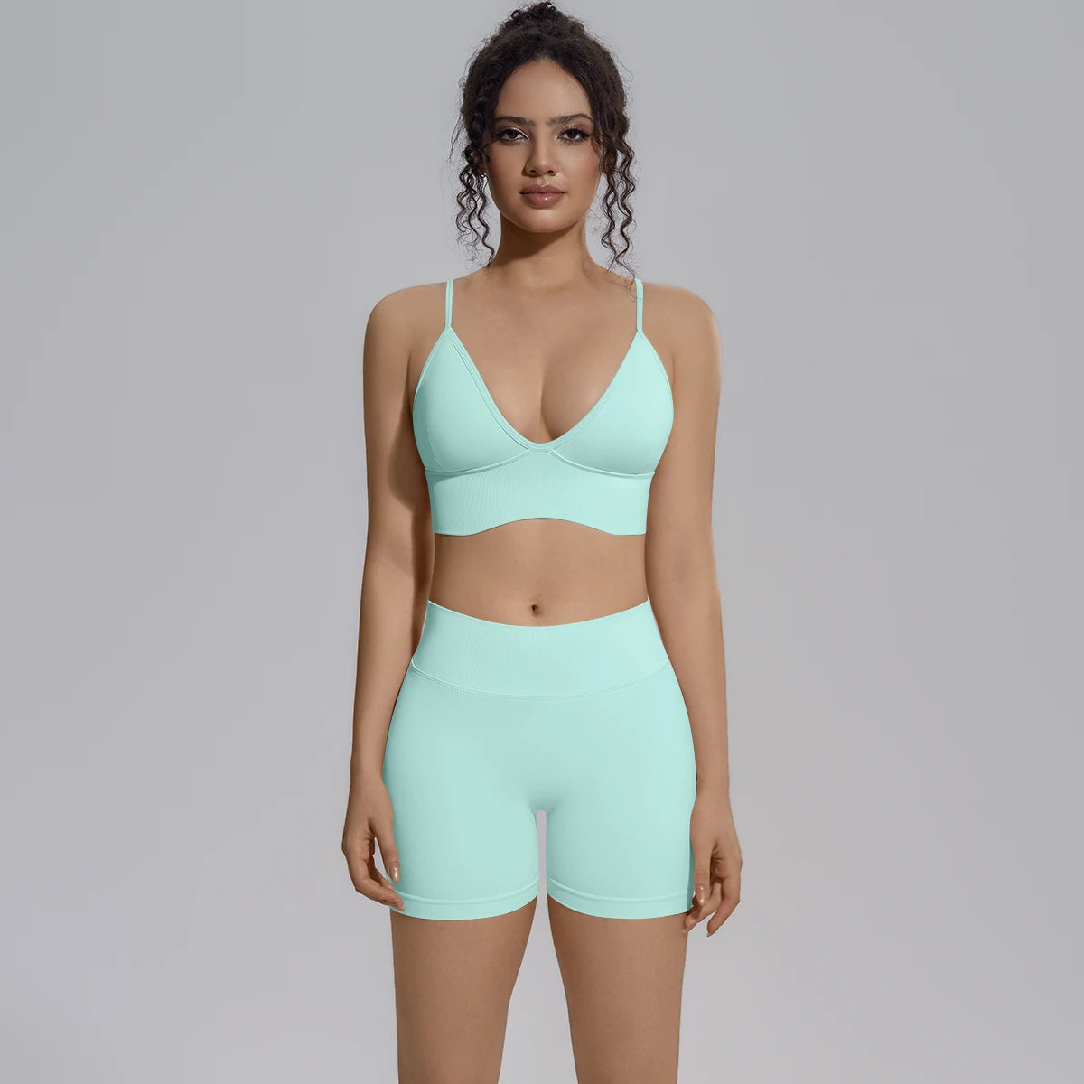 New Summer Sexy Naked Feeling Yoga Shorts Set Women 2 Piece Sport Bra Biker Shorts Workout Gym Activewear