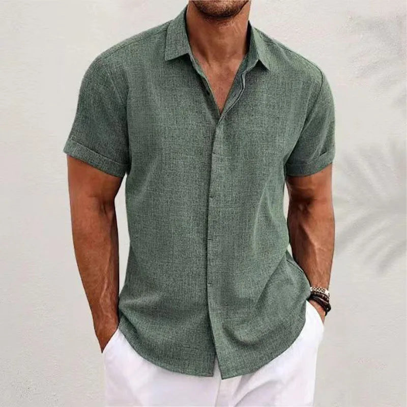 Men's Linen/Cotton Short-Sleeve Loose-Fit Solid Color Beach-Style Plus-Size Shirt Turn-down Collar Beaded Machine Washable