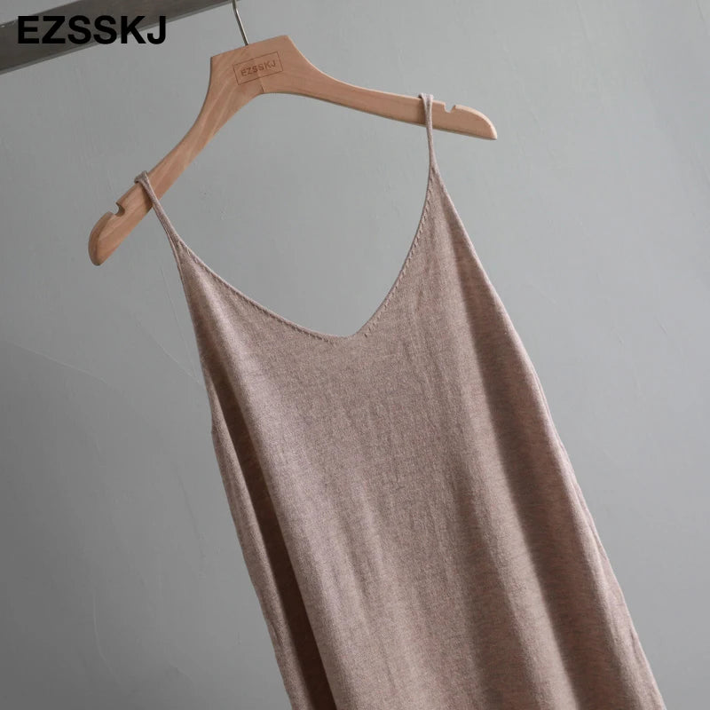 Ezsskj Spring summer 2020 Woman Knitted Tank Dress Casual Long Camisole Vest dress Women Loose  cashmere maix a-line dress