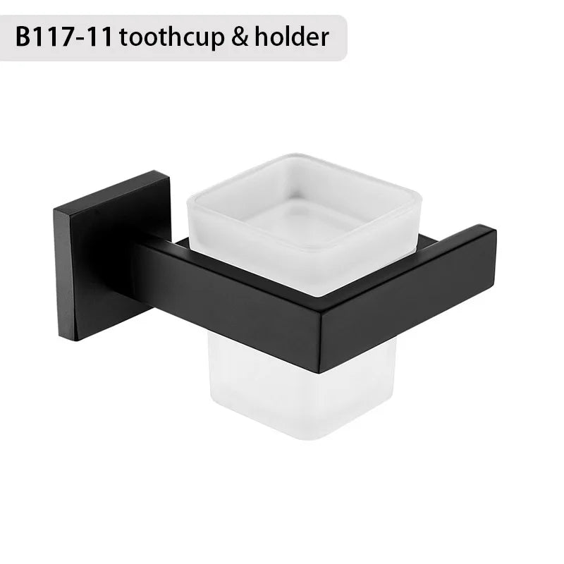 Matt Black Bathroom Hardware Set Kit Accessories Wall Shelf Towel Bar Rack Rail Robe Hanger Toilet Brush Roll Paper Holder Dish