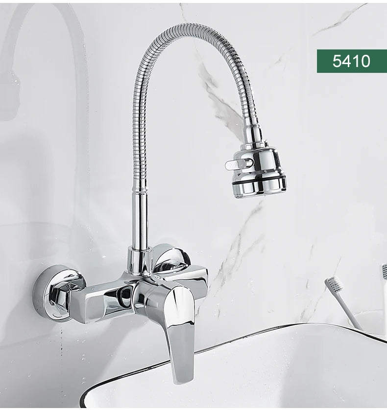 ELLEN Wall Mount Kitchen Sink Faucet Hot Cold Sink Water Mixer Tap 2 Holes Black Faucets 360 Degree Swivel ELK5400