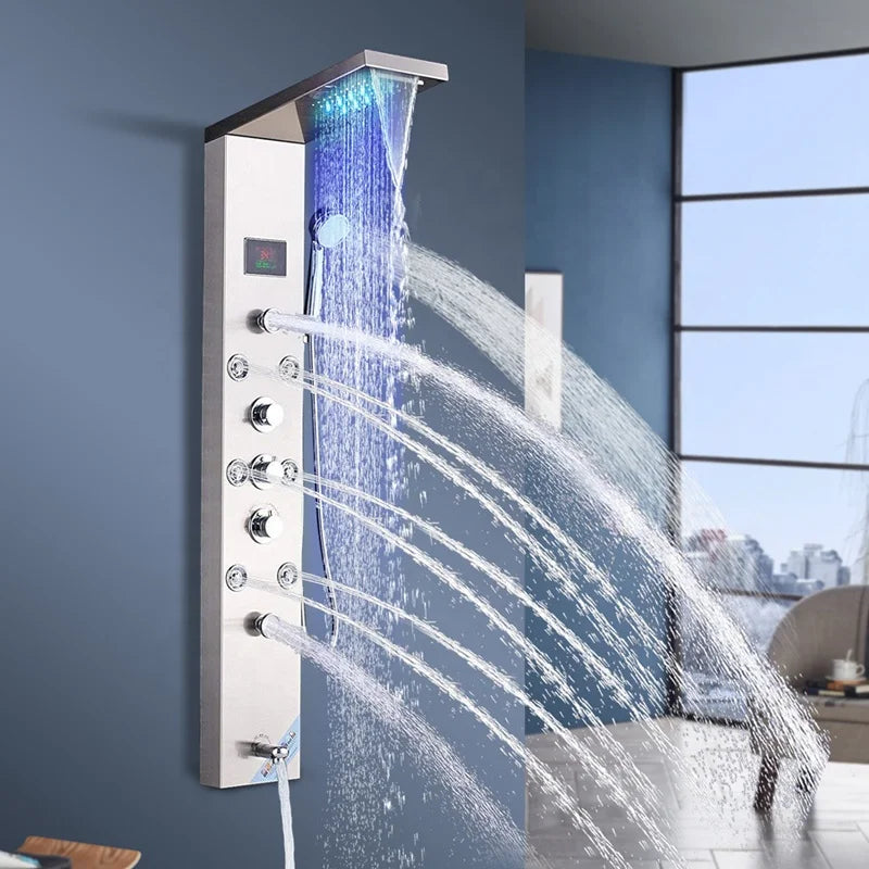 Shower Panel Bathroom Wall Mounted Stainless Steel Waterfall Shower Column Set Massage Jets Led Shower Panels Duchas Columna