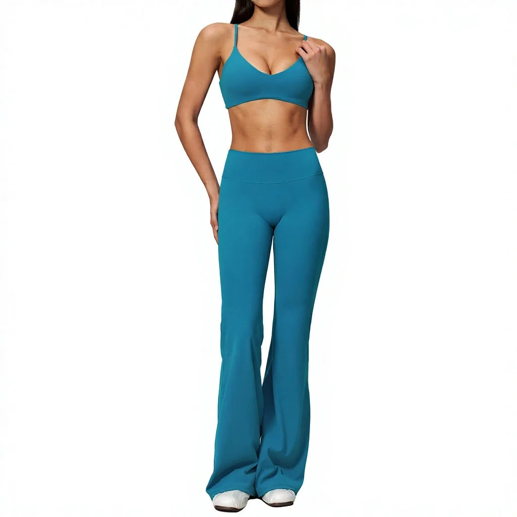 Textured Spandex/Nylon Workout Clothes Soft Sportswear Set Deep V-Neck High-Waisted Tummy-Control Solid Sweat-Wicking Two-Piece