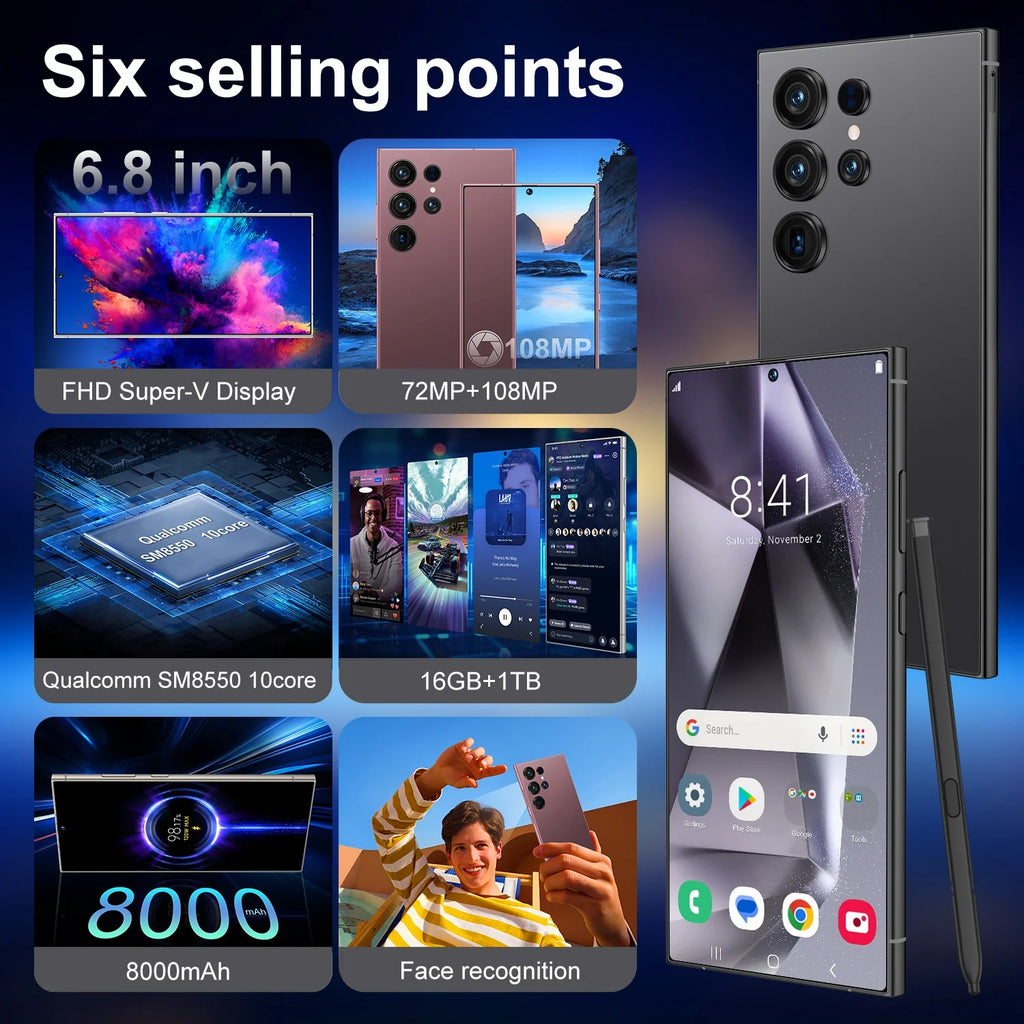 2025 New S25 Ultra 5G Android Smartphone Unlocked with Full HD Screen Dual SIM 16+1TB Storage LTE Cellular Low Price Cell Phones