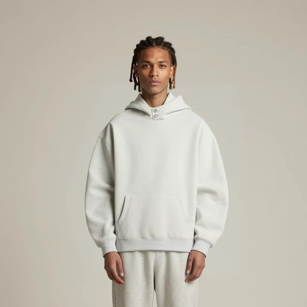 Minimalist Double Button Hood Drop Shoulder Cotton Blend Hooded Top Men's Custom Designer Oversized Hoodie