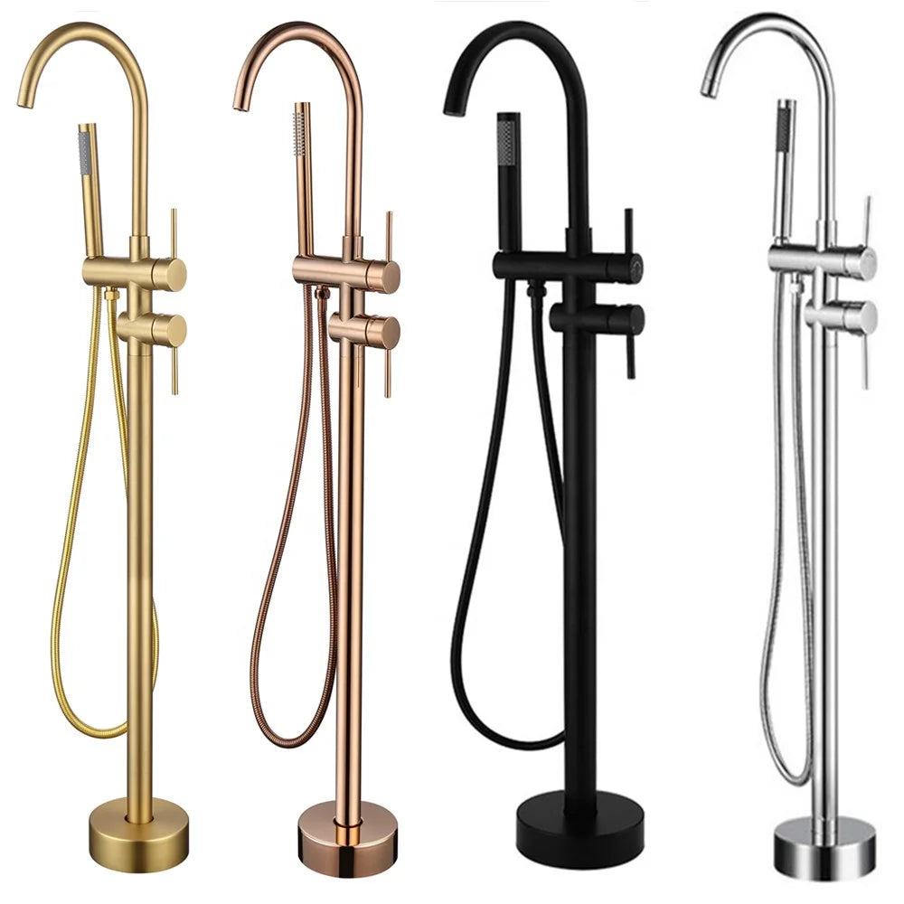 Brass Stainless Steel Dual Freestanding Bath Shower Mixer Floor Stand Mounted Tub Filler Bathtub Faucet Slide Bar Hotel Use