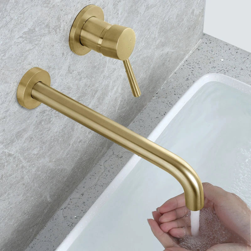 Luxury Brushed Gold Tap Wall Mount Bathroom Basin Sink Faucet Solid Brass Single Handle Hot and Cold Mixer Golden Bathtub Faucet