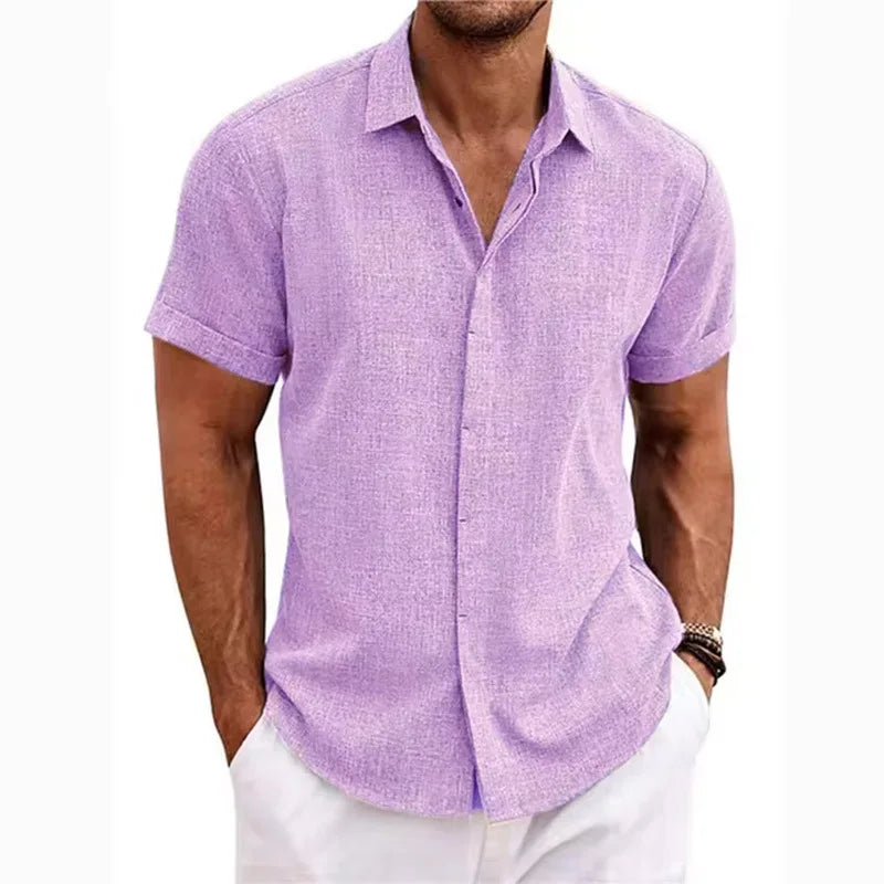 Men's Linen/Cotton Short-Sleeve Loose-Fit Solid Color Beach-Style Plus-Size Shirt Turn-down Collar Beaded Machine Washable