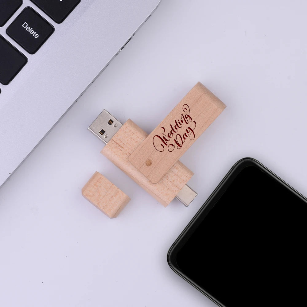 2 in 1 OTG Usb Flash Drive Wooden Flashdisk 16gb 32gb 64gb Type C Mobile Phone USB Memory Storage Stick